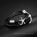 Personalidade Handmade Aço Inoxidável Weave Twine Leather Anchor Bracelet